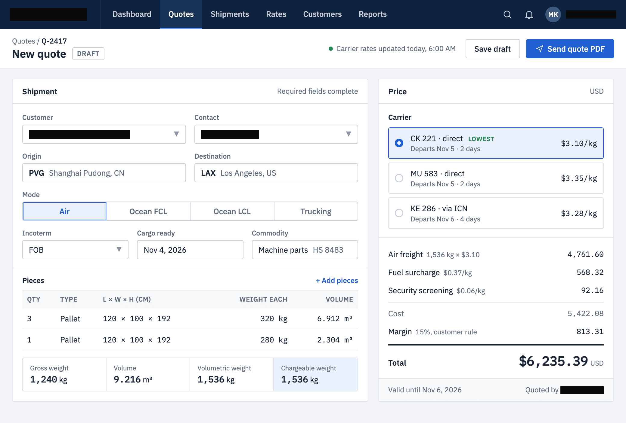 The quote screen: air freight from Shanghai to Los Angeles, priced on chargeable weight. Surcharges and margin bring it to $6,235.